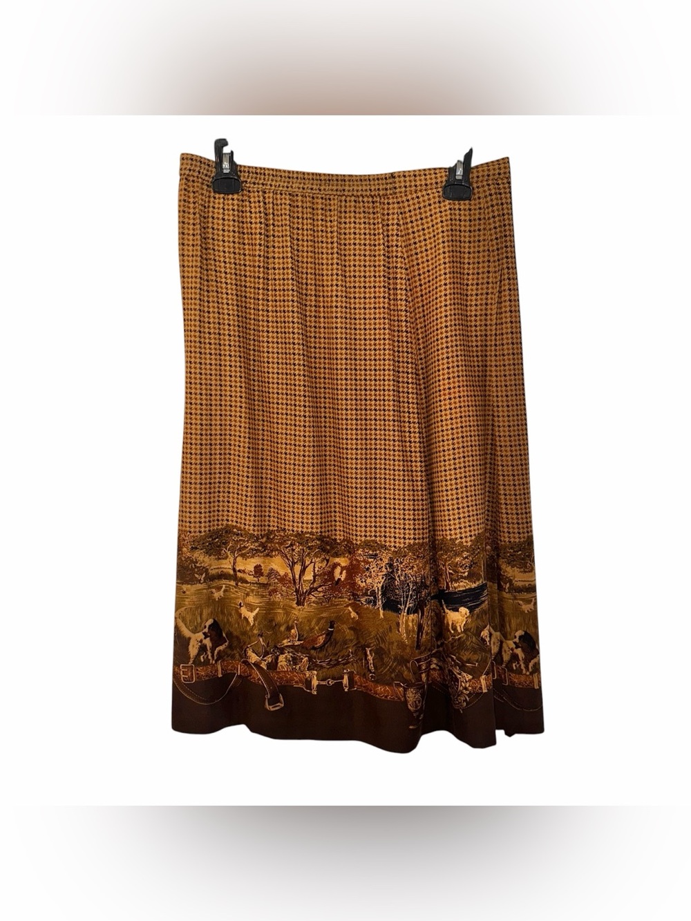 Vtg Leslie Fay A-Line Skirt 12P Brown Plaid Printed English Hunting Scene Border